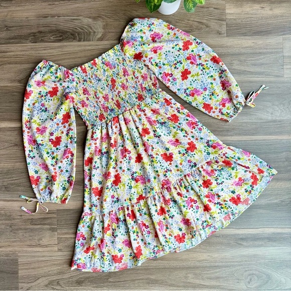 LC Lauren Conrad Floral Smocked Puff Bishop Sleeves Tie Cuffs Lined Dress Sz XS - Picture 13 of 14